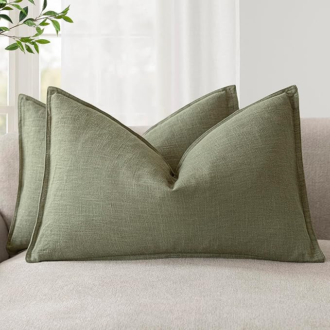 Foindtower Pack of 2, Decorative Linen Soild Throw Pillow Covers Accent Lumbar Cushion Case Boho Farmhouse Pillowcase for Chair Couch Sofa Bedroom Living Room Home Decor 12x20 Inch Olive Branch Green