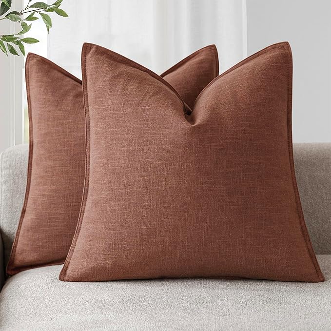 Foindtower Pack of 2, Decorative Linen Soild Throw Pillow Covers Soft Accent Euro Cushion Case Boho Farmhouse Pillowcase for Chair Couch Sofa Bedroom Living Room Home Decor 24 x 24 Inch Rust Red