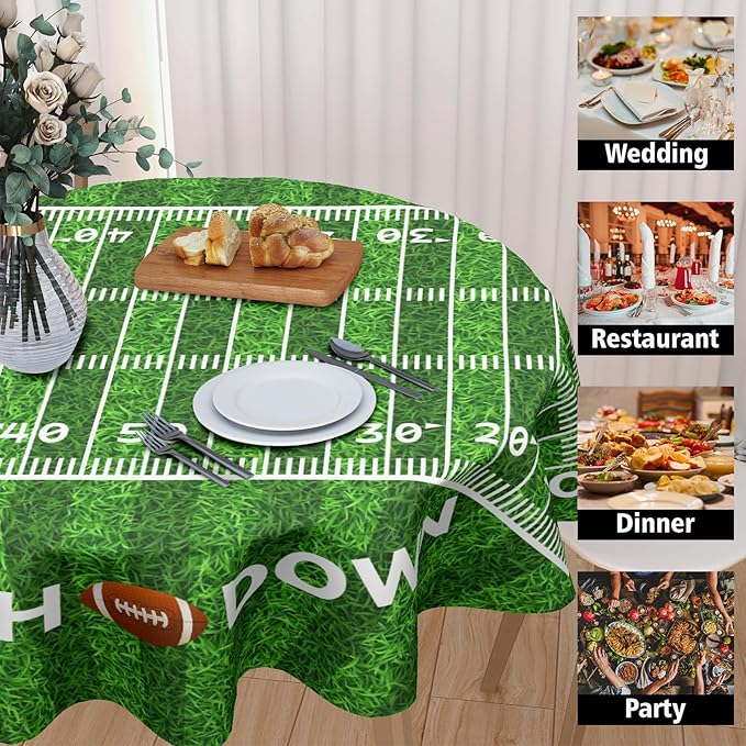 Football Round Tablecloth 70 Inch Rugby Football Pattern Circle Table Cloth Green Table Cover Washable Polyester Indoor Decorations for Home Kitchen Dinning Party