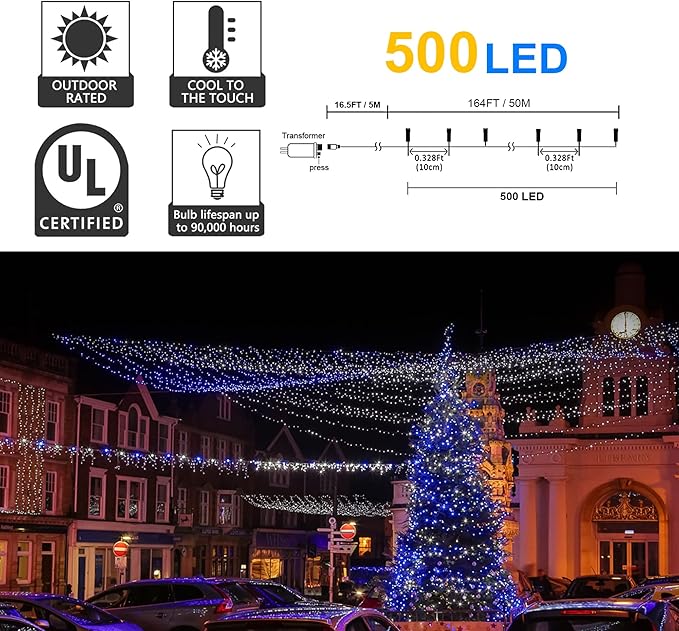 Wellisnow 164ft 500 LED Blue White Christmas Lights, 8 Lighting Modes Waterproof Christmas Lights Outdoor Plug in for Christmas Tree Yard Wedding Decorations(164FT,Blue&White)