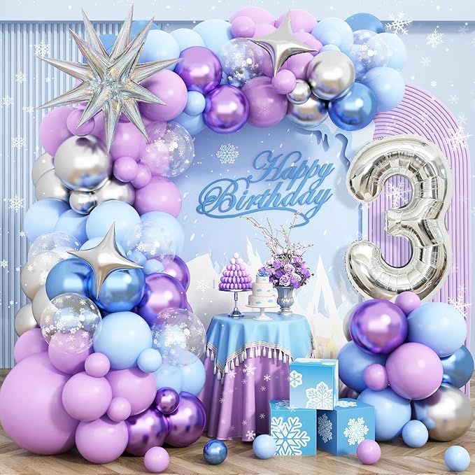Snow 3rd Birthday Decorations Girl, Snowflake Balloon Garland Arch Kit, Laser Explosion Star Balloons, Silver Number 3 Balloon Tower for Baby Shower Girls 3rd Snow Theme Party Supplies