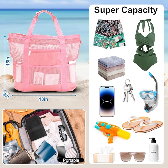 Mesh Beach Bags for Family - Women Beach Tote Bag for Toys, Towels, Travel Vacation Cruise Essentials