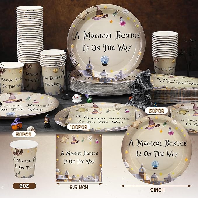 Hushee 200 Pcs Magical Wizard Baby Shower Paper Plates Napkins Cups Baby Shower Party Supplies Tableware Set Magical Wizard Theme Disposable Cup Napkin for 50 Guest Sets Party Decoration Boy Girl