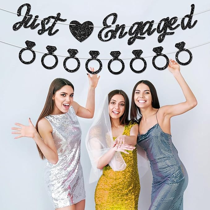 Just Engaged Banner, No DIY, Glitter Black Engagement Party Decorations and Diamond Ring Banner Sign for Bridal Shower Wedding Shower Bachelorette Party Decorations.