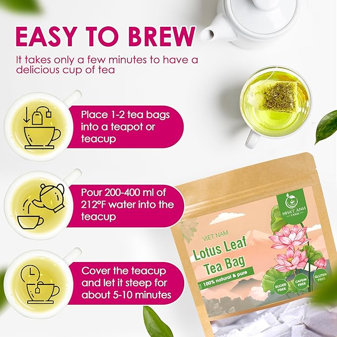 NHAT ANH FARM - Premium Lotus Leaf Tea Bags, 100 Teabags, 100% Natural, Hand-Selected Lotus Leaf Tea Bags, No Additives, Sugar-Free,Caffeine-Free. Good For Your Health.