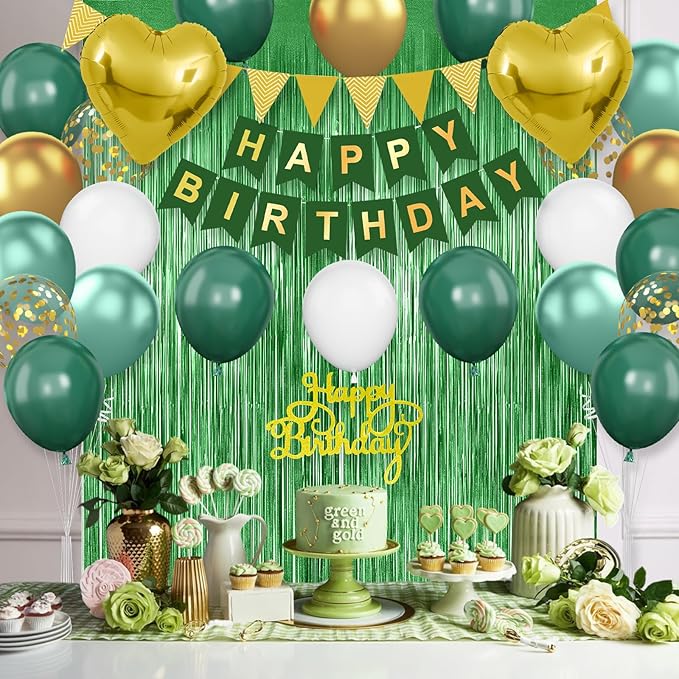 Green Birthday Decorations,Happy Birthday Banner Emerald Green and Gold Balloons Fringe Curtain Heart Foil Balloons for Women Men Party Decor