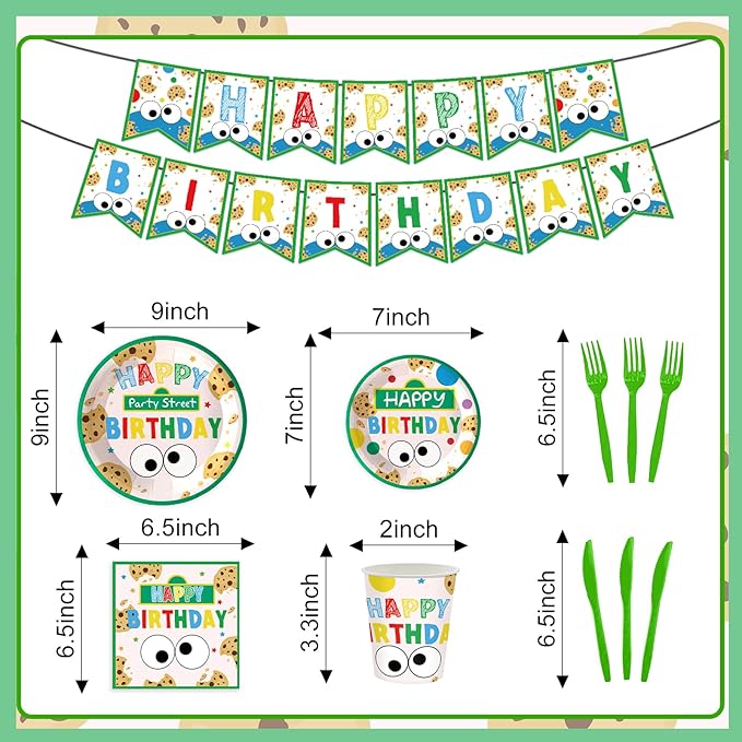 170PCS Cookie Party Supplies for Baby Boys Girls 1st 2st Birthday Party Monster Themed Tableware Set Napkin Cups Forks Knives for 24 Guests
