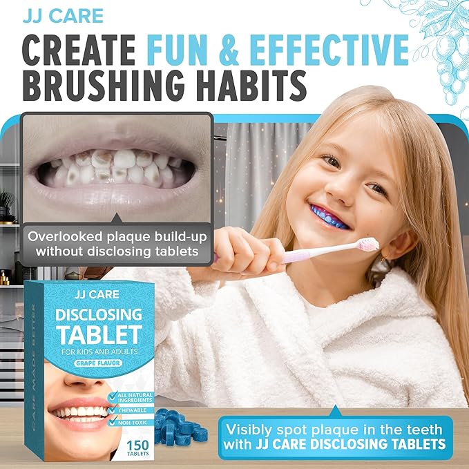JJ Care Plaque Disclosing Tablets for Teeth - 150 Count, Individually Wrapped Plaque Disclosing Tablets for Kids Brushing Teeth, Grape Flavored Plaque Remover, Dental Care for Brushing