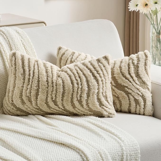 FUTEI Beige Decorative Throw Pillow Covers 12x20 Inch Set of 2,Soft Faux Fur Geometric Shapes Texture Pillowcase,Boho Home Decor for Couch Bed Living Room