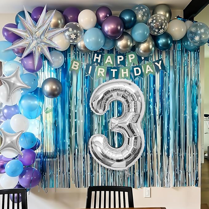 Snow 3rd Birthday Decorations Girl, Snowflake Balloon Garland Arch Kit, Laser Explosion Star Balloons, Silver Number 3 Balloon Tower for Baby Shower Girls 3rd Snow Theme Party Supplies