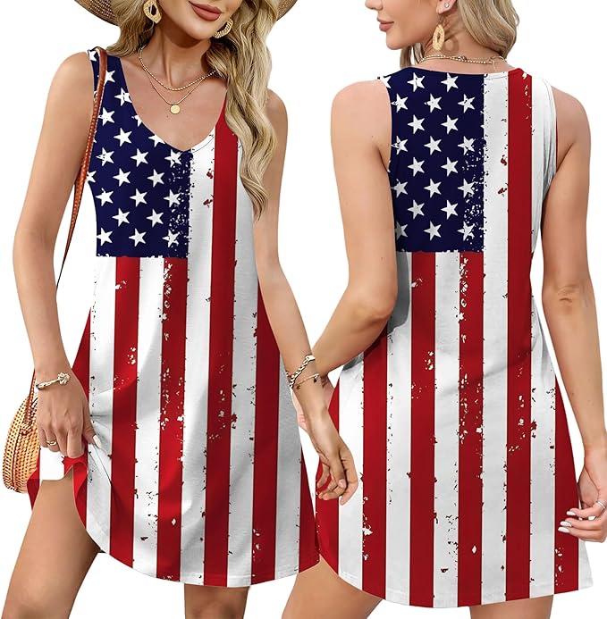 LHBNK 4th of July Dress for Women: American Flag Tank Dresses Star Striped Splicing Loose V Neck Sundresses