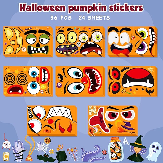 OHOME Halloween Party Favors - 36 Pack DIY Pumpkin Face Stickers for Kids - Halloween Games Toys Gifts Crafts Treats Accessories - Trick-or-Treat Pumpkin Decorations Activities Party Supplies