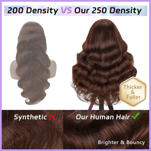 CUMASE 250 Density Body Wave Chocolate Brown Wig, 13x6 Lace Front Wigs Human Hair Pre Plucked, 100% Real Human Hair 4# Brown Wig for Women 16 Inch