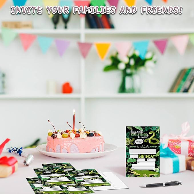 Reptile Birthday Party Invitations, 20-Count Snake Lizard Crocodile Theme Birthday Party Invites With Envelopes-HBYQK-B36