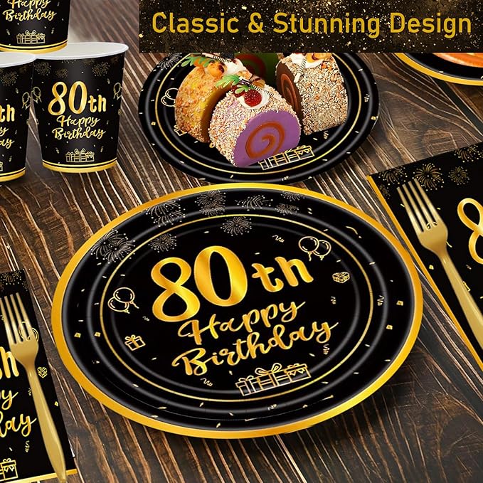120Pcs 80th Birthday Party Supplies Plates Napkins Cups Forks Tableware Set Gold Black Happy 80th Birthday Themed Disposable Tableware Decoration Serves 24 Guests for Men Women 80 Years Old