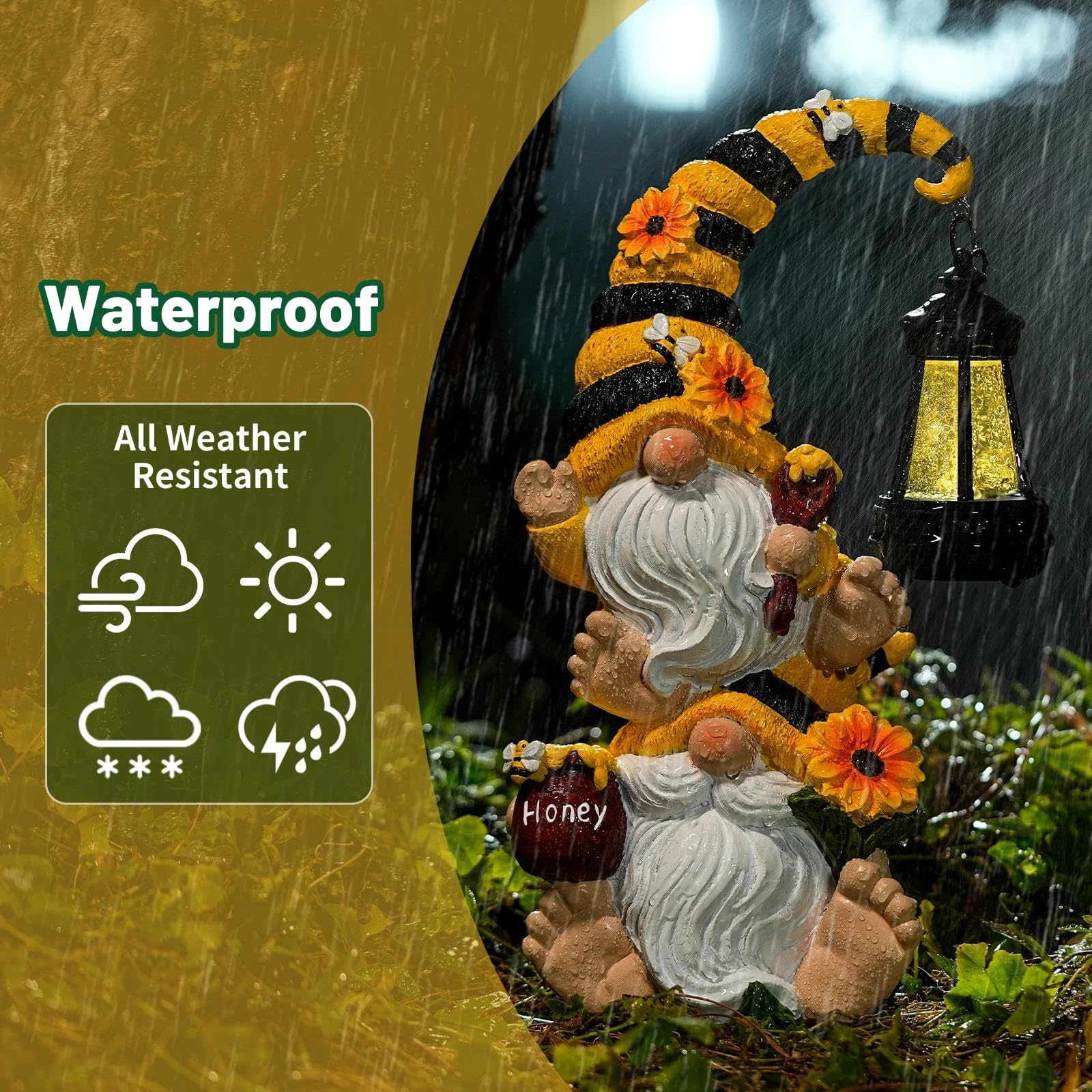 QZZP Solar Bee Garden Gnomes with LED Lantern, 12.2-Inch Outdoor Statue