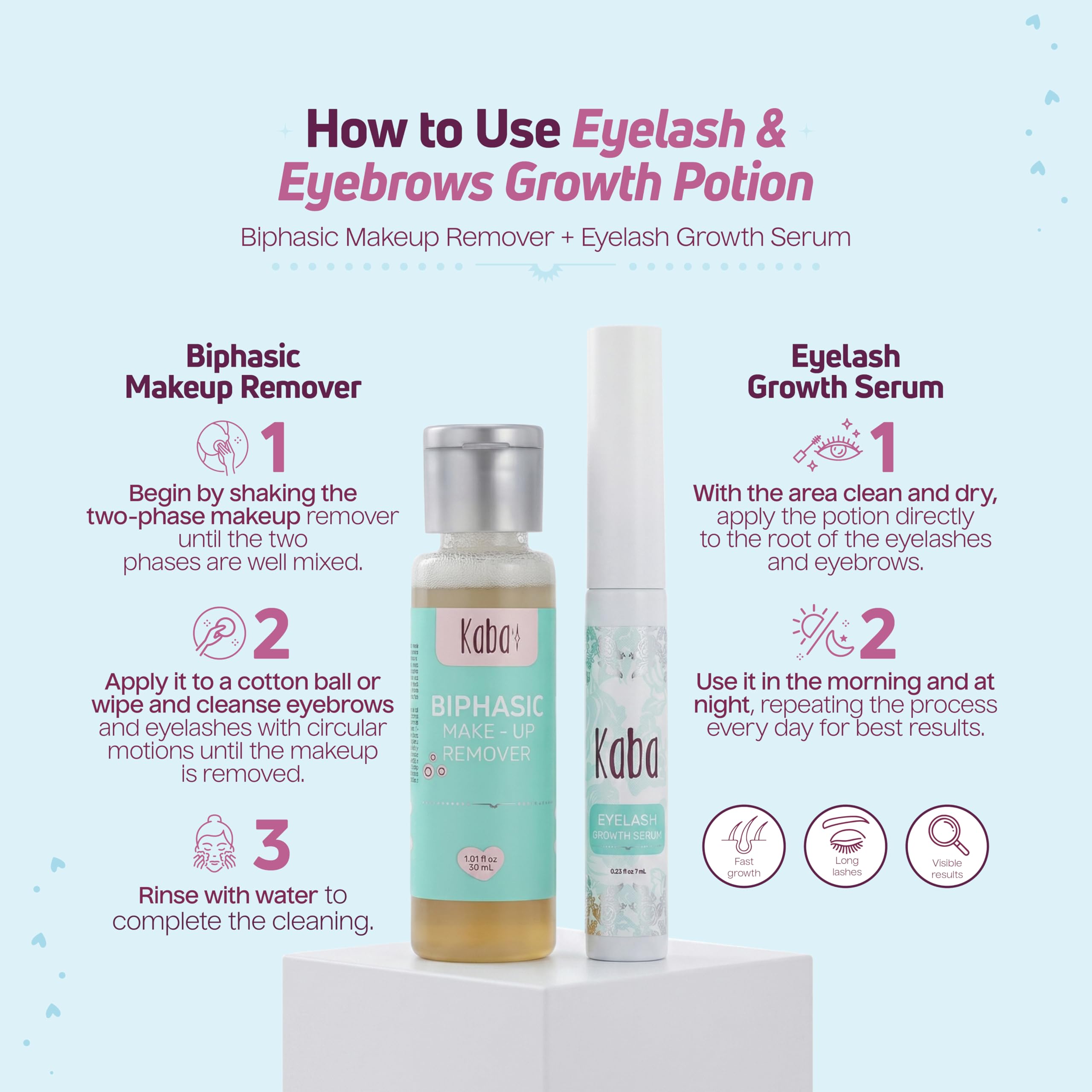 Kaba Eyelash Growth Serum for Longer, Thicker & Stronger Eyelashes with Essential Oils. Dermatologist Tested. Includes Makeup Remover Oil - Improved Formula