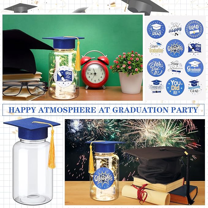 Boao 16 Sets Graduation Table Decoration Set with LED Light up Graduation Decorations for Class of 2026, Grad Jar, Felt Grad Hat and Stickers for High School College(Blue,Vivid)