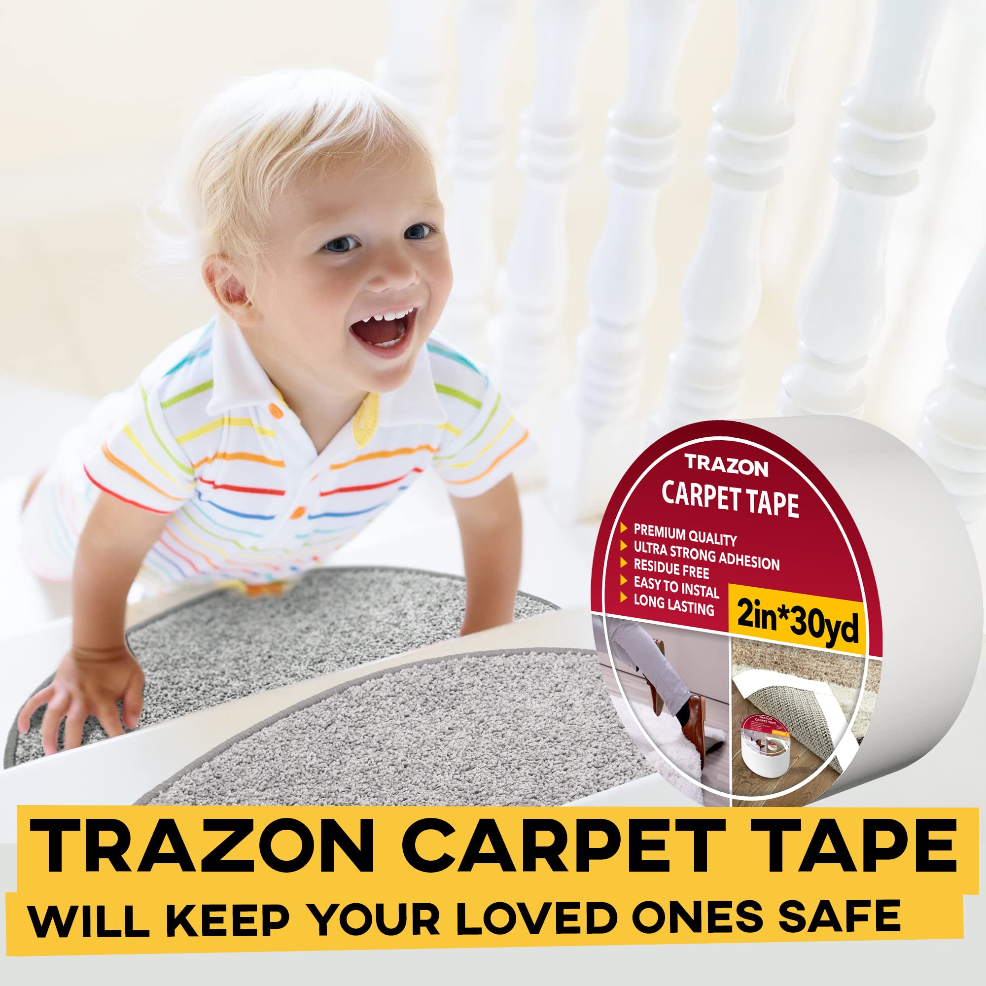 Trazon Carpet Tape Double Sided - Rug Tape Grippers for Hardwood Floors and Area Rugs - Carpet Binding Tape Strong Adhesive and Removable, Heavy Duty Stickers Tape, Residue Free (2 Inch / 30 Yards)