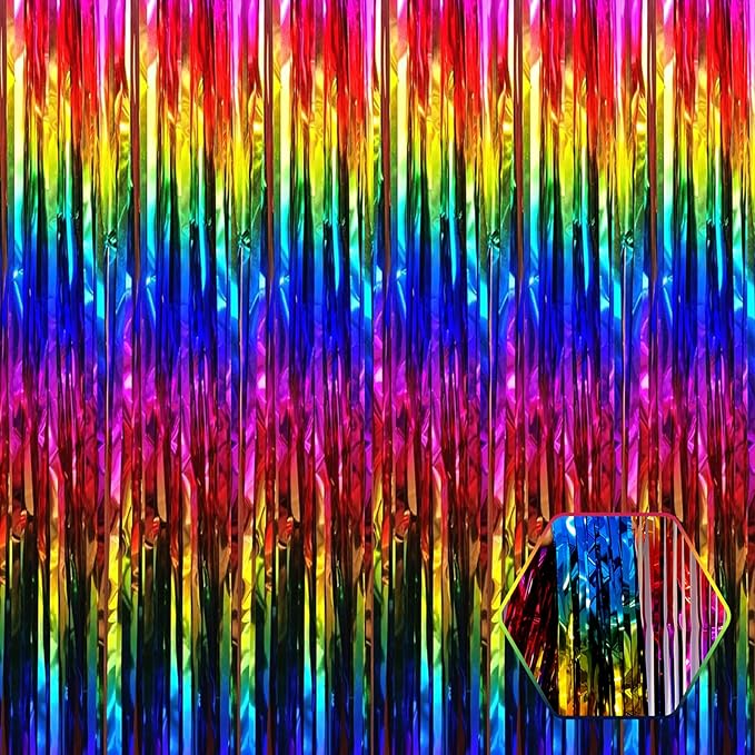3 Pack Rainbow Foil Fringe Curtain Backdrop, 3.28Ft x 6.6Ft Metallic Tinsel Foil Fringe Streamer Curtains for Photo Booth, Christmas Day, Thanksgiving, Wedding, New Year Party Decorations
