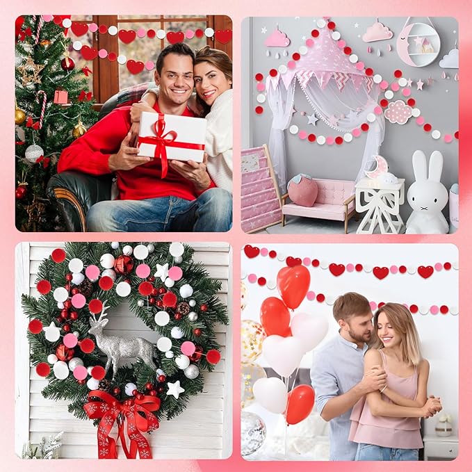 4 Pcs 26.3 Feet Valentine's Day Felt Ball Garland with Red Heart, Red Pink White Pom Pom Garlands Romantic Hanging Decorations for Valentine’s Day Wedding Anniversary Home Wall Decor