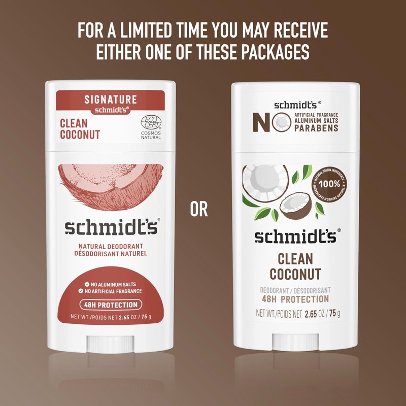 Schmidt's Aluminum-Free Vegan Deodorant Clean Coconut for Women and Men, with 24 Hour Odor Protection, Natural Ingredients, Cruelty-Free, 2.65 oz (Pack of 2)