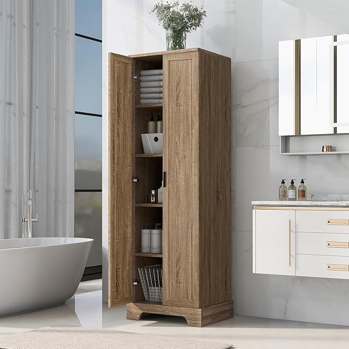 Tall Storage Cabinet, Bathroom Floor Freestanding Storage Cabinet with 2 Doors, 5 Shelves, and Adjustable Shelves for Bathroom, Office, Living Room, Brown