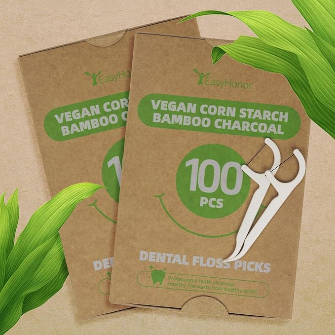 EasyHonor Organic Dental Floss Picks - Natural Biodegradable Floss Sticks with Strong Bamboo Charcoal Thread & Vegan Corn Starch Handle.(100PCS)