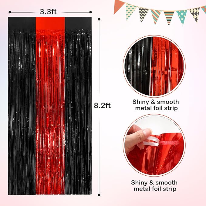Black Red Tinsel Foil Fringe Curtains, 2 Pack 3.3x8.3 Feet Party Streamer Curtains for Birthday Party Decorations, Halloween Decor, Foil Curtain Backdrop for Bachelorette Party