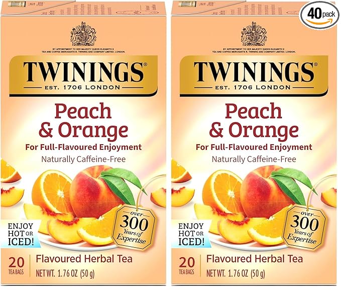Twinings Peach & Orange Herbal Tea Individually Wrapped Bags, 20 Count (Pack of 2), Juicy & Fruity, Naturally Caffeine-Free, Enjoy Hot or Iced, 20 Teabags