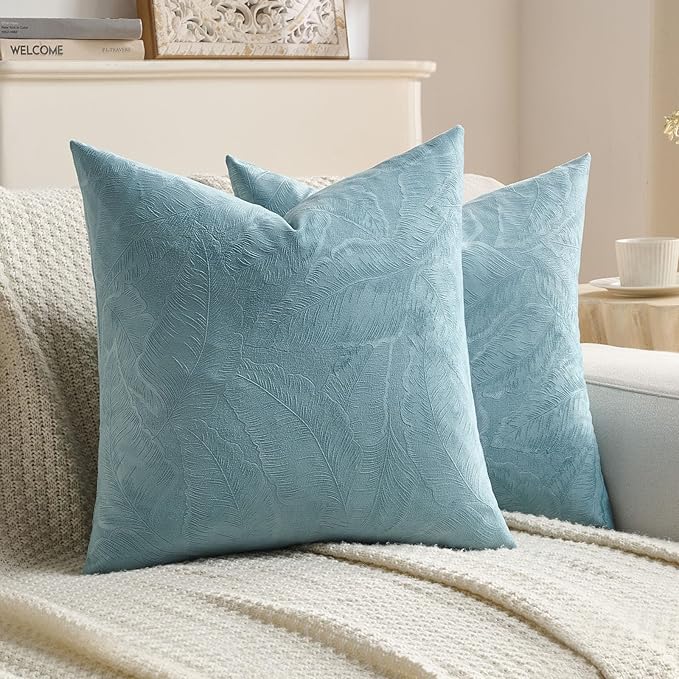 FUTEI Grey Blue Velvet Throw Pillow Covers 24x24 Inch Set of 2,Soft Embossed Leaf-Relief Textured European Cushion Cases,Natural Home Decor for Couch Living Room