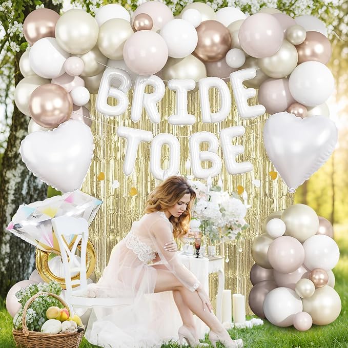 White Gold Bachelorette Party Decorations, Bride To Be Mylar Foil Letter Balloons with White Champagne Balloons and Light Gold Fringe Curtains for Bridal Shower Decoration Engagement Hen Party Decor
