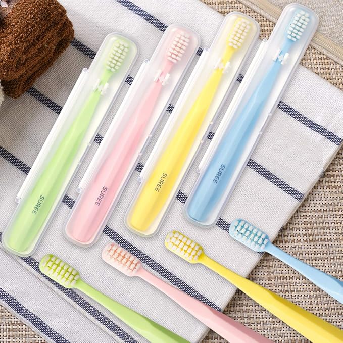 SUREE Extra Soft Toothbrush for Sensitive Teeth, Upgraded 10000 Ultra Soft Bristles for Adults & Elders, Manual Travel Toothbrush with Individual Portable Case (4 Pack)