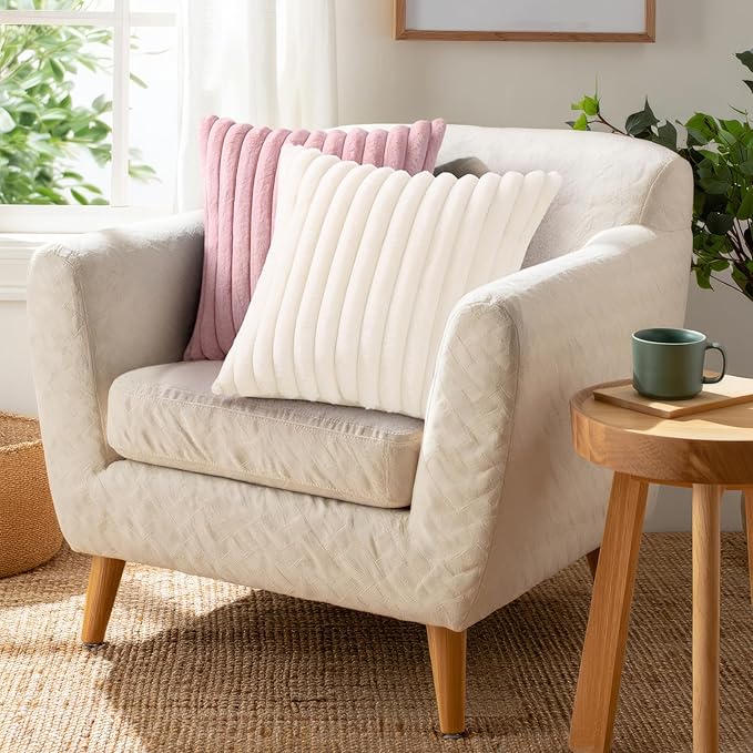 Pallene Faux Fur Plush Throw Pillow Covers 22x22 Set of 2, Luxury Soft Fluffy Striped Decorative Pillow Covers for Sofa, Couch, Living Room, Blush Pink