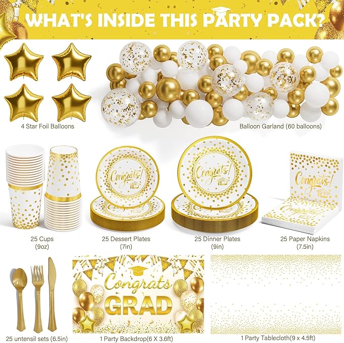 Ecomore 2026 Graduation Decorations - 245 PCS Grad Disposable Dinnerware(Serve 25) & Graduation Party Supplies With Congrats Paper Plate Cup Napkin Cutlery Tablecloth Backdrop Balloon Kit - White Gold
