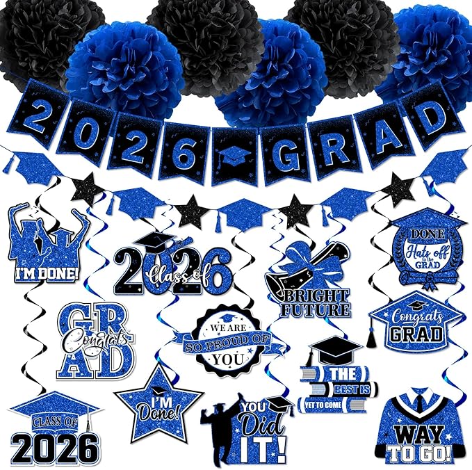 Blue Graduation Decorations, 2026 Grad Banner and Congrats Grad Hanging Swirls, Blue and Black Banner Graduations Hanging Swirls College Graduations Party Decorations Class of 2026