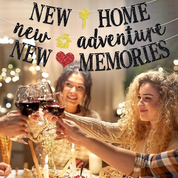 New Home New Adventure New Memories Banner, Welcome Home/Housewarming Party Backdrop, New House Who Dis, Housewarming/Family Reunion Party Bunting Sign, Black Glitter