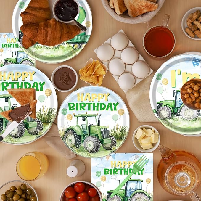Rakuto Tractor 2nd Birthday Decorations Supplies, 96PCS Tractor Party Plates Napkins and Forks Set, Disposable Farm Two Years Old Birthday Tableware for Boys Serves 24