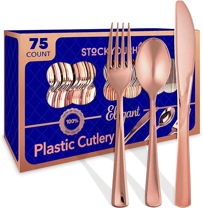 75-Pcs Heavy Duty (Rose Gold) Plastic Silverware Set, Disposable Cutlery Set, Great for Parties, Weddings, and Catering, Flatware Utensils Included: 25 Forks, 25 Spoons, 25 Knives, Packaging May Vary