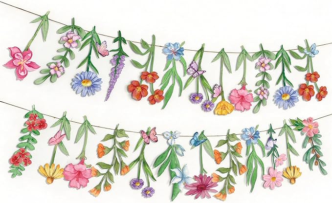 2Pcs Spring Wildflower Party Hanging Decorations, Watercolor Floral Banners Spring Wildflower Cutouts Garland Backdrop for Spring Summer Girls Garden Birthday Wedding Party Decor Supplies, 9.8Ft