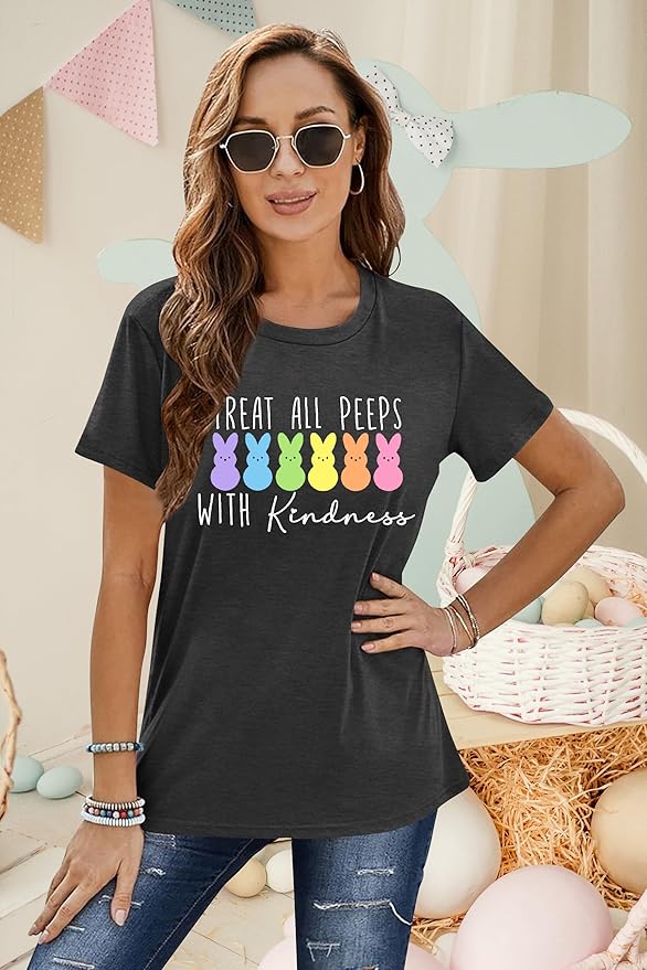 LAZYCHILD Women Easter Teacher Shirts: Funny Treat All with Kindness T-Shirt Bunny Rabbit Tee Tops