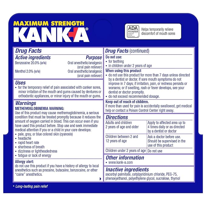 Kank-A Triple Action Gel, 0.42 oz, Maximum Strength Mouth Pain Relief Gel for Canker Sores, Triple Action Treatment, Fast Acting and Long-Lasting Pain Relief, Cools and Soothes Irritation, 0.42 oz