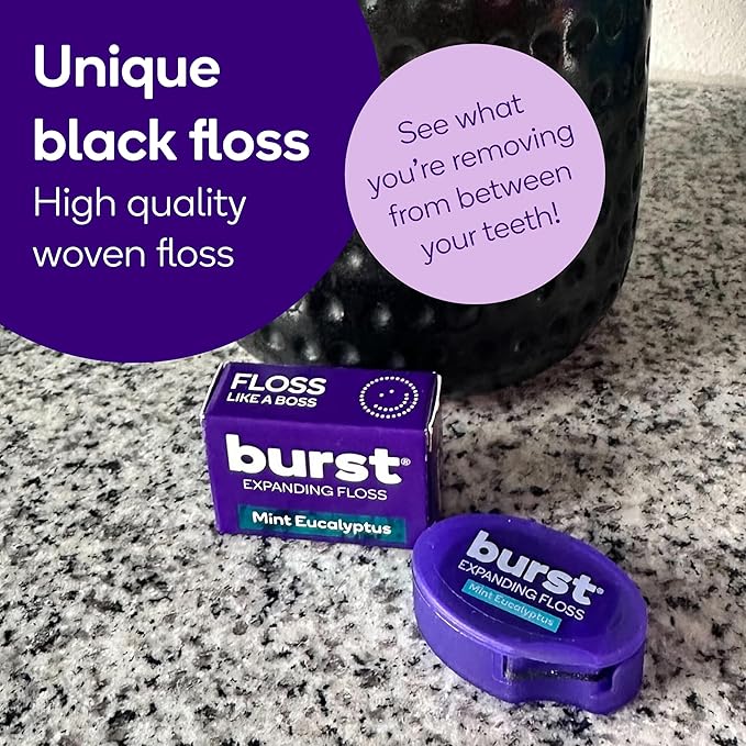 BURST Travel Expanding Dental Floss (12 Pack, 5.5 Yards Each) | Mini Mint Eucalyptus Tooth Floss for On-The-Go | Stain Absorbing, Xylitol-Coated, Vegan | Paraben Free Expanding Floss