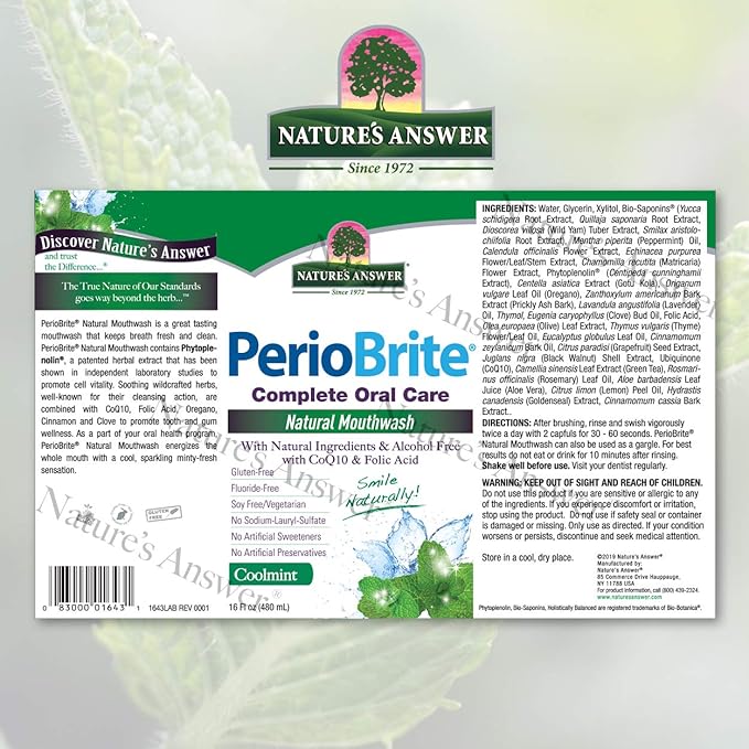 Nature's Answer PerioWash Mouthwash Alcohol-Free Cool Mint - 16 fl oz | Fluoride Free | Natural Breath Freshener | Stain Remover | Natural Teeth Whitener (Pack of 1)