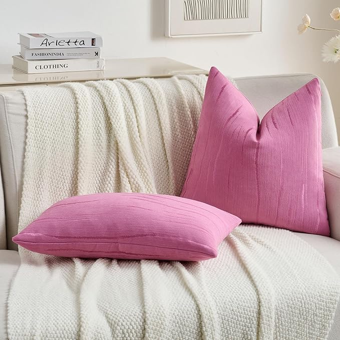 FUTEI Hot Pink Chenille Decorative Throw Pillow Covers 22x22 Inch Set of 2,Soft Embossed Striped Textured Cushion Case,Modern Home Decor for Couch Bed Living Room