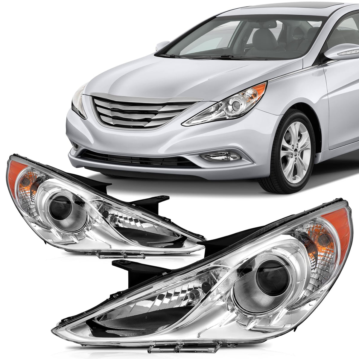 SCITOO Headlight Assembly Fits For Hyundai Sonata 2011-2014(NOT FIT Hybrid Models) headlamp in Chrome Housing Amber Reflector Cl