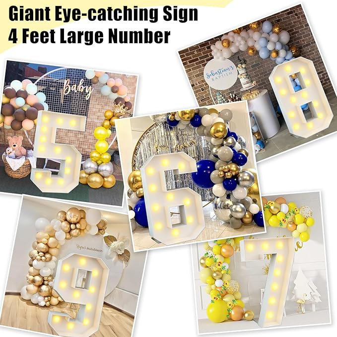 Marquee 4ft Numbers with Light up Number 9 White Mosaic Frame Slots-in Letter 9 for 9th Birthday Party Decorations Pre-Cut Cardboard Large Giant Cut-Out Thick Foam Board Sign Anniversary