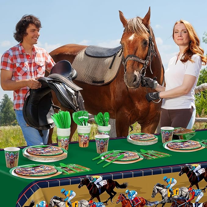 Kochorie 196 Pieces Horse Racing Tableware Set Include Disposable Plates Cups Napkins Banner Plastic Tablecloth Cutlery for Horse Racing Party Supplies, Serve 24 Guests