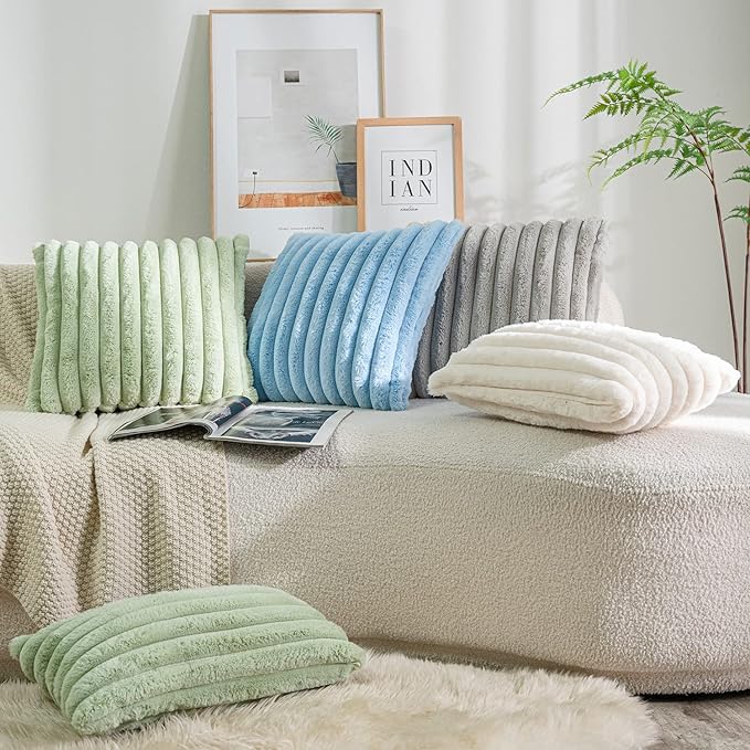 DEELAND Pack of 2,Double-Sided Faux Fur Plush Decorative Throw Pillow Covers Fuzzy Striped Soft Pillowcase Cushion Covers for Sofa Couch Bedroom Green 22x22 inch