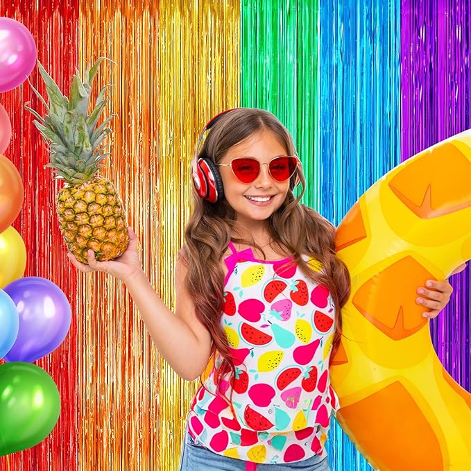 4Pack Rainbow Backdrop Curtains,13.2x8.3ft Colofull Party Decorations, Metallic Tinsel Backdrop Fringe Curtains Party Streamer, Rainbow Streamers Party for Wedding Birthday Engagement Decors